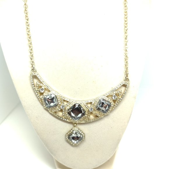 Gold Bar Necklace with Large Smoky Rhinestones Surrounded by Clear Rhinestones - Picture 3 of 8